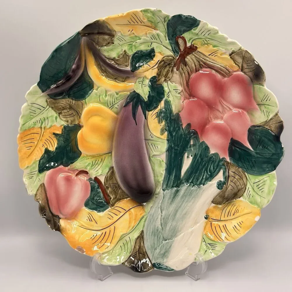 Vintage Italy Majolica Vegetable Wall Platter 13” Eggplant Radish Celery Relief